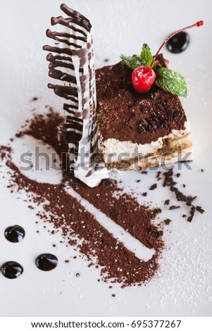 Tiramisu on white plate with decoration from chocolate, cherry and mint. Sweet dessert serving in restaurant, close up picture