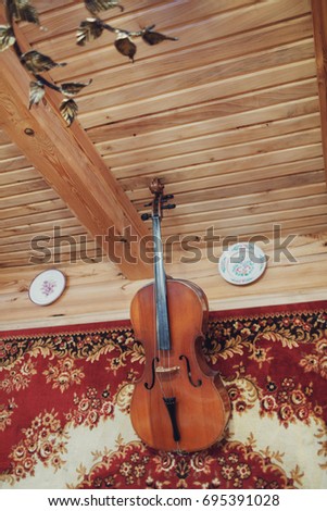 Old violin hangs under the roof