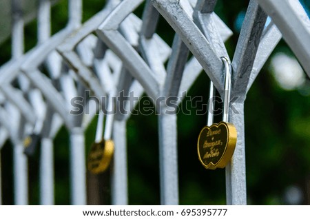 Love padlocks on a bridge in city park