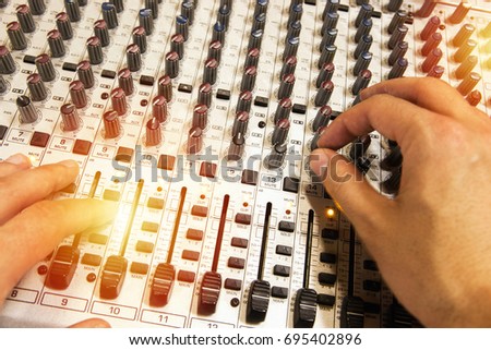 Professional radio / TV broadcasting audio mixing console with faders and adjusting knobs