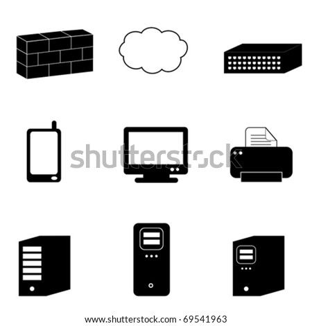 Computer and network icons in black