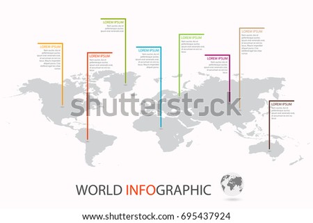 World infographic template. World map with marker on each continent. Vector