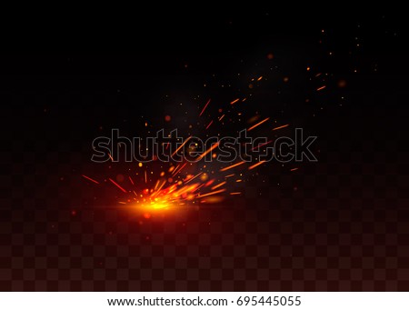 Red fire sparks flying up, glowing particles. Isolated on a black transparent background. Vector illustration, eps 10.
