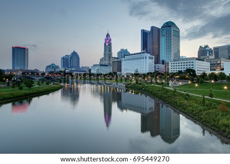 Scioto River and downtown Columbus Ohio skyline panoramic at dawn