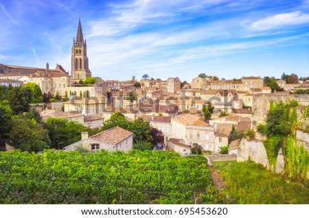 Colorful landscape view of Saint Emilion village in Bordeaux region, France Royalty-Free Stock Photo #695453620