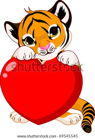 Valentine?s day Illustration of cute tiger cub holding heart