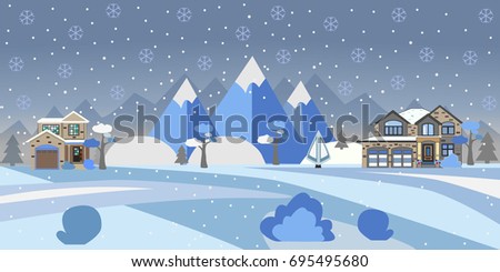 Winter Snowy Landscape with houses, trees and mountains. Suburban Buildings in Winter Landscape. Flat Vector Illustration. Detailed House Design