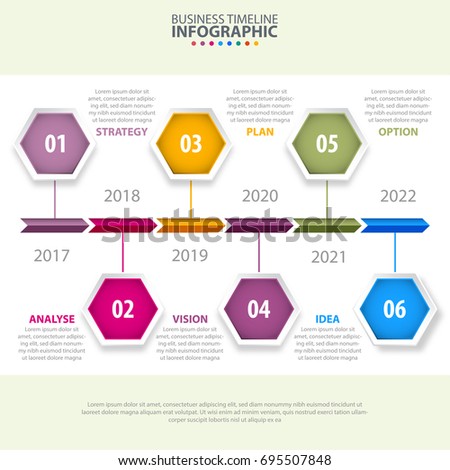 Business Infographics, strategy, timeline, design template illustration with colorful arrow bar and hexagon shape elements. Vector eps10.