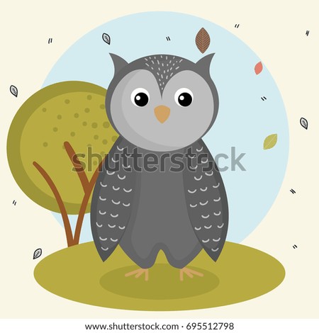 cartoon owl wild animal with falling leaves landscape nature
