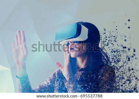 A person in virtual glasses flies to pixels. The woman with glasses of virtual reality. Future technology concept. Modern imaging technology.