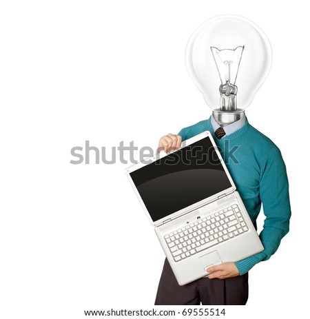 Male with lamp-head in blue, with open laptop in his hands