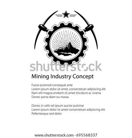 Mining Industry Emblem, Sunburst and the Mountains in Gear with Pickaxe and Star and Text, Poster Flyer Brochure Design, Vector Illustration 