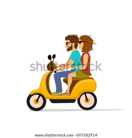 happy cool young couple driving scooter, isolated cartoon vector illustration