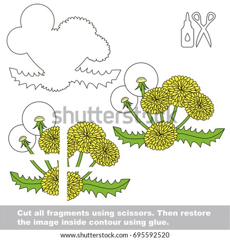 Use scissors and glue and restore the picture inside the contour. Easy educational paper game for kids. Simple kid application with Flower Dandelion