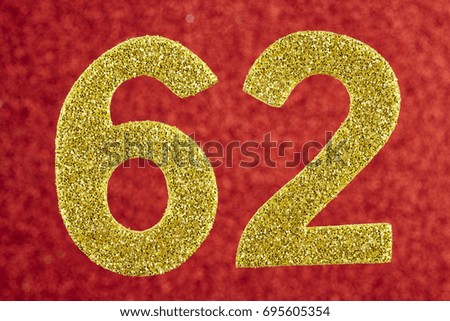 Number sixty-two golden color over a red background. Anniversary. Horizontal