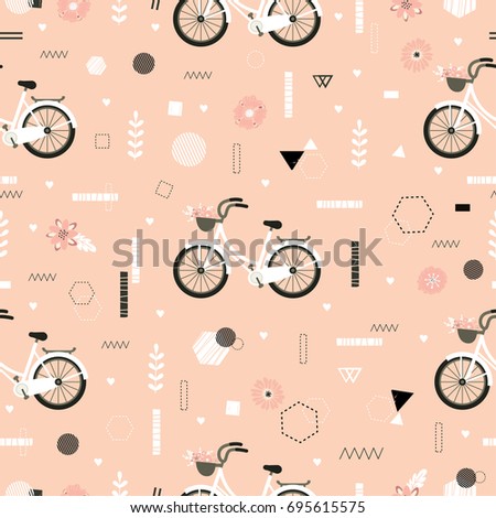 Bike. Cute vector seamless pattern with bicycles and geometric details. All elements are  hidden under mask. Pattern are not cropped and can be edited