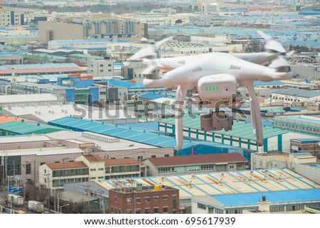 Drone with high resolution digital camera in flight over the industrial park