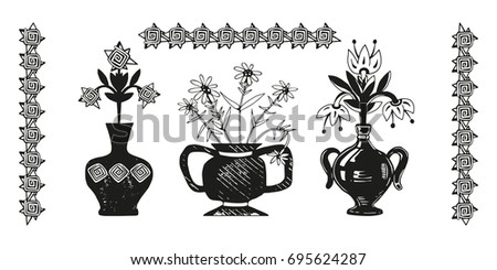 A set of decorative vases with bouquets and ornaments.  Hand drawn vector illustration. Isolated on white background.   