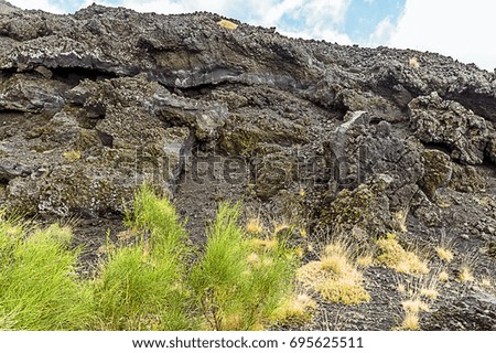 A close up view of the edge of an old lava flow on Mount Etna, Sicily in summer