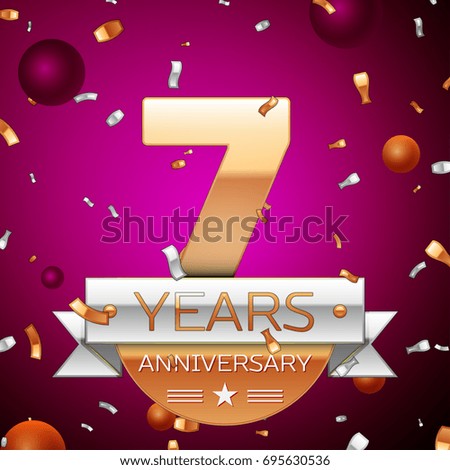Realistic Seven Years Anniversary Celebration Design. Golden numbers and silver ribbon, confetti on purple background. Colorful Vector template elements for your birthday party