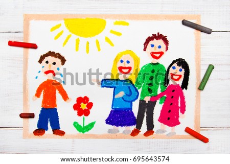 Colorful drawing: Group of children laughing at a crying boy. School violence