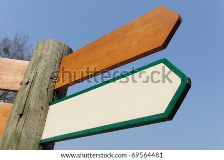 A empty motivational green and white wooden signpost pointing towards "your message" on sunny blue sky