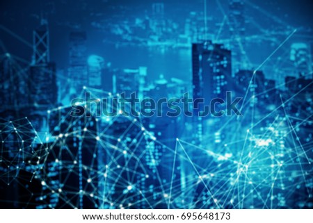 Creative blue polygonal city background. Communication, networking and broadcasting concept. Double exposure 