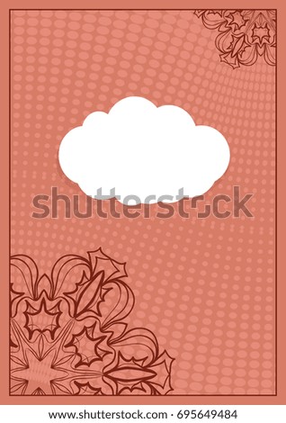 Invitation template with white cloud, floral decor on brown background. vector illustration