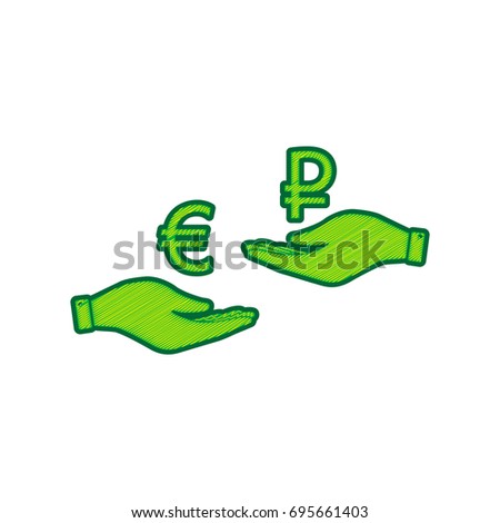 Currency exchange from hand to hand. Euro and Ruble. Vector. Lemon scribble icon on white background. Isolated