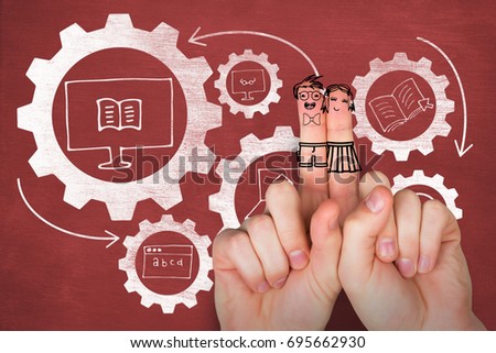 Digital anthropomorphic smiley faces of friends on fingers against composite image of education icons on gears