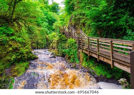 Waterfall Trail at Glenariff Forest Park, Co. Antrim. Hiking in Northern Ireland. Causeway Coastal Route.