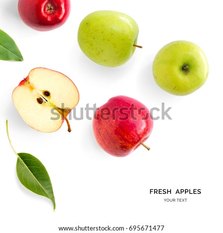 Creative layout made of green and red apples. Flat lay. Food concept. Apples on the white background.