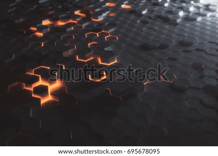 Futuristic glowing amber hexagonal or honeycomb wallpaper. Technology, future and innovation concept. 3D Rendering 