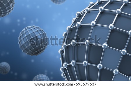 Spheres in a metal grid on a blue background. 3d render illustration.
