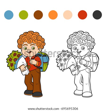 Coloring book for children, Schoolboy with flowers