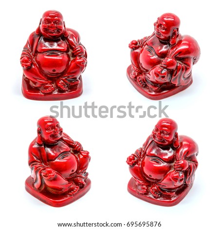 Set of statuettes of red buddhas isolated on white background