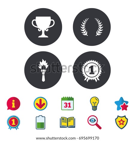 First place award cup icons. Laurel wreath sign. Torch fire flame symbol. Prize for winner. Calendar, Information and Download signs. Stars, Award and Book icons. Light bulb, Shield and Search. Vector