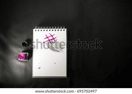 fusion of traditional manual hard print copy handwriting with ink and feather and digital writing sign # hashtag social networking symbol with copy space text
