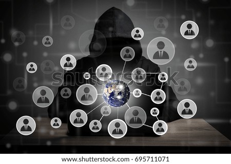 Image of hacker man with people icon and code around on screen.