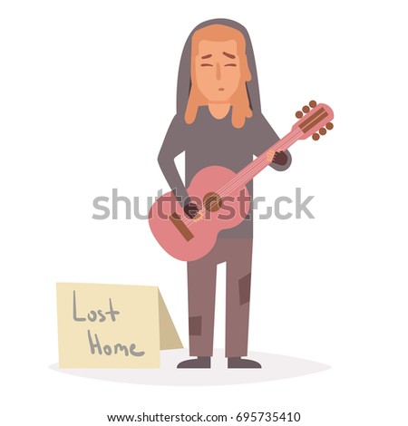 Homeless man plays guitar.  Vector. Cartoon. Isolated art on white background. Flat. 