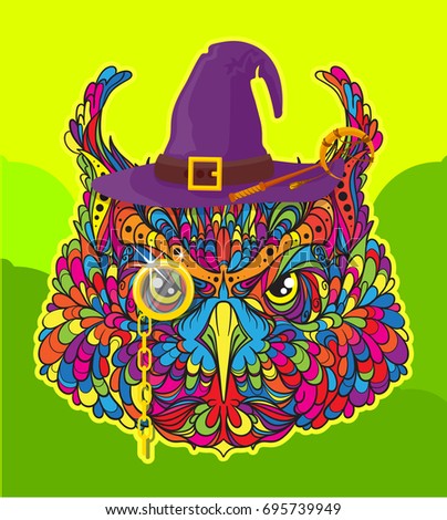 Ornament face of witch owl with hat, magic stick and gold monocle, vector illustration isolated on green abstract background