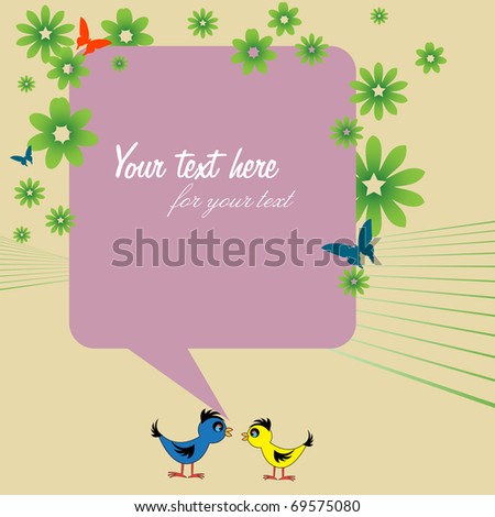 Abstract colorful illustration with green flowers, colorful butterflies and two birds chatting