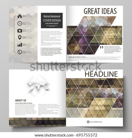 Business templates for square design bi fold brochure, flyer, booklet. Leaflet cover, vector layout. Abstract multicolored backgrounds. Geometrical patterns. Triangular and hexagonal style.