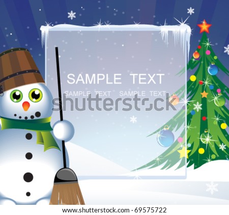 Snowman and a Christmas tree on a snowy background