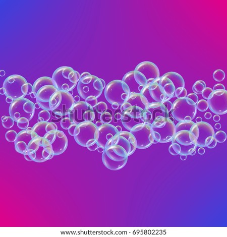 Shampoo bubbles on gradient background. Realistic water bubbles 3d. Cool rainbow colored liquid foam with shampoo. Cosmetic flyer and invite. Cleaning soap foam for bath and shower.