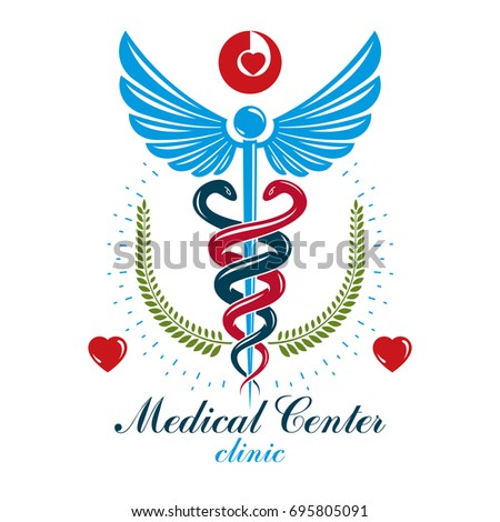 Aesculapius vector abstract business logo for use in medical treatment. Cardiovascular system diseases prevention conceptual emblem.
