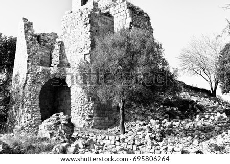 Remnants of Crusader castle in Israel. The Yehiam Fortress, National Park of Israel. Black and White Picture