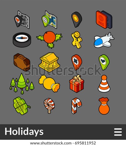 Isometric outline color icons, 3D pictograms vector set - Holidays symbol collection
