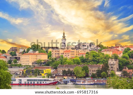 Beautiful view of the historic center of Belgrade on the banks of the Sava River, Serbia Royalty-Free Stock Photo #695817316