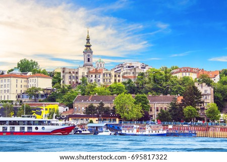 Beautiful view of the historic center of Belgrade on the banks of the Sava River, Serbia Royalty-Free Stock Photo #695817322